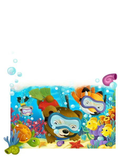 Cheerful Cartoon Scene Forest Animal Diving Coral Reef Illustration Children — Stock Photo, Image