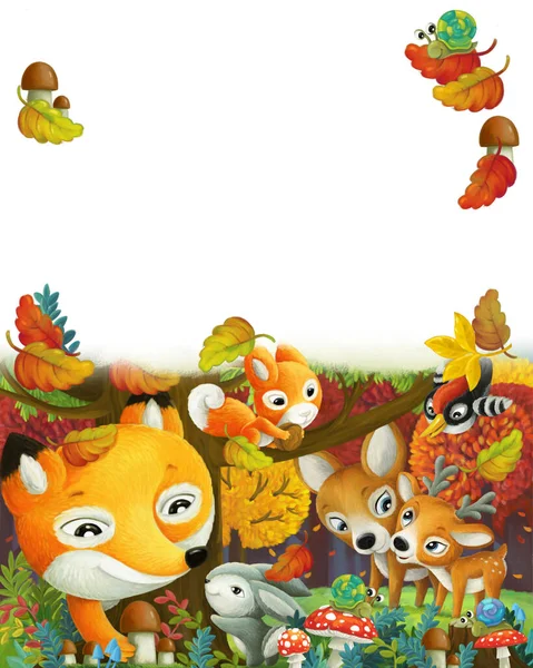 Cheerful Cartoon Scene Different Forest Animals Friends Autumn Forest Illustration — Fotografia de Stock