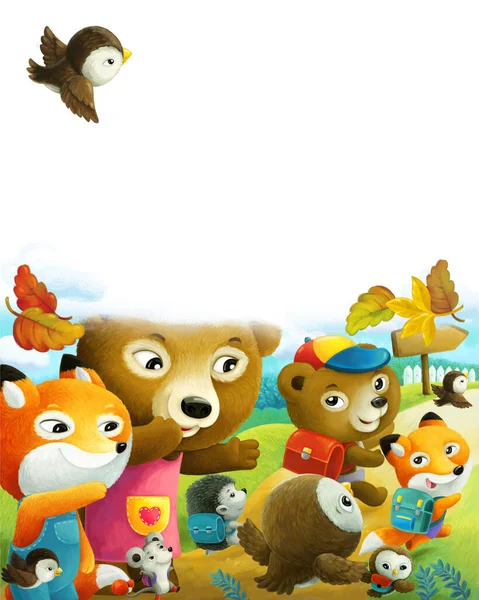Cheerful Cartoon Scene Forest Animals Parents Sending Kids School Illustration — Stock Fotó
