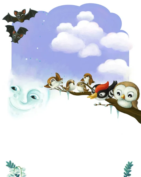 Cartoon Page Frame Cena Noturna Com Animais Aves Ilustração Para — Fotografia de Stock