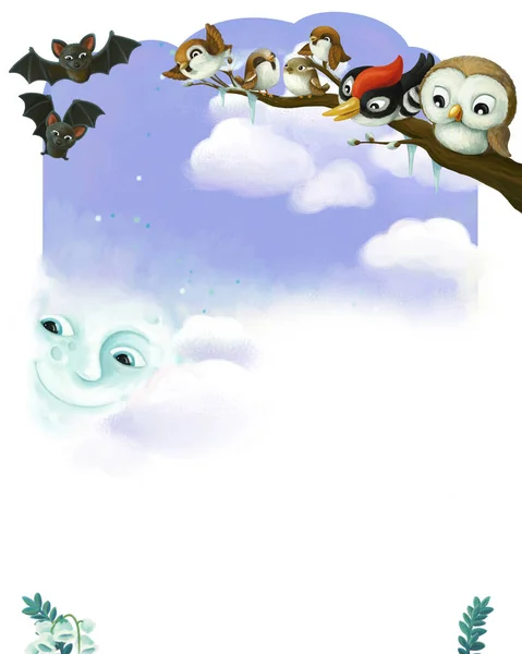 Cartoonseite Frame Nachtszene Mit Tieren Vögel Illustration Für Kinder — Stockfoto
