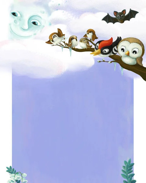 Kreskówka Strona Ramka Noc Scena Zwierzętami Ptaki Ilustracja Dla Dzieci — Zdjęcie stockowe