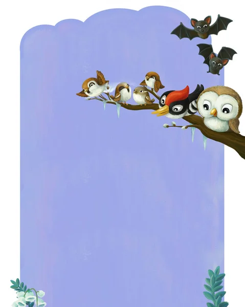 cartoon page frame night scene with animals birds illustration for children