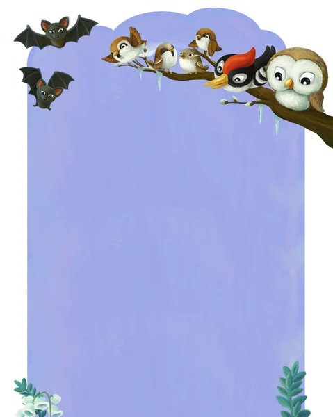 cartoon page frame night scene with animals birds illustration for children