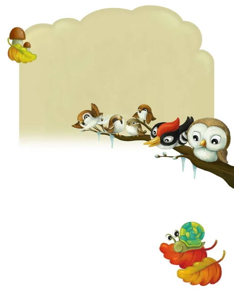 Marco Página Dibujos Animados Escena Otoño Invierno Con Animales Pájaros —  Fotos de Stock
