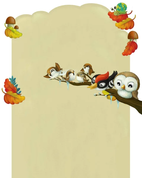 Kreslená Stránka Rám Podzim Nebo Zima Scéna Zvířaty Ptáci Prostorem — Stock fotografie