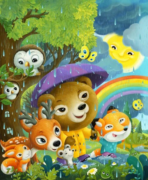 Wesoła Scena Kreskówki Zwierzętami Przyjaciółmi Spacerujących Deszczu Lesie Ilustracja Dla — Zdjęcie stockowe