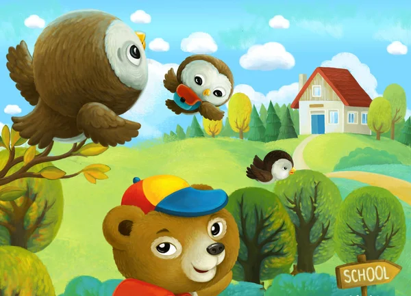 cheerful cartoon scene forest animals kids going to village school illustration for children