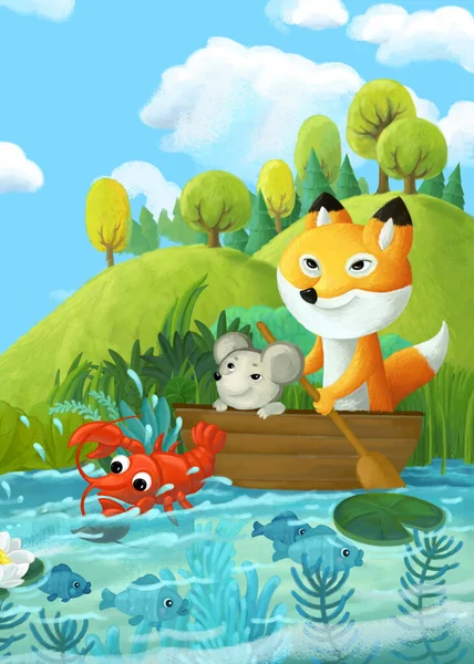 cartoon scene with fox and mouse in the boat near crab like animal sailing illustration for children