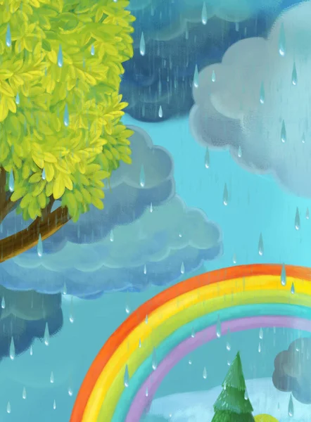 Cartoon Regenachtige Scène Met Vlinders Regenboog Illustratie Voor Kinderen — Stockfoto