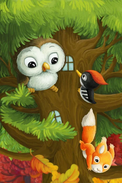 cartoon scene with animals living on a tree with owl woodpeckers and squirrels illustration for children