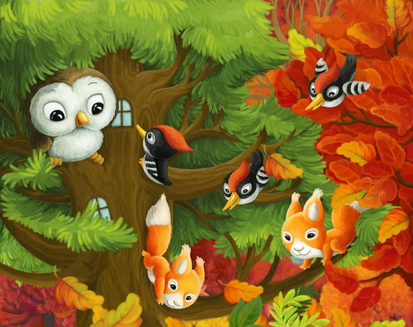 Cena Dos Desenhos Animados Com Animais Que Vivem Uma Árvore — Fotografia de Stock