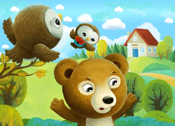 cheerful cartoon scene forest animals kids and bear going to village school illustration for children