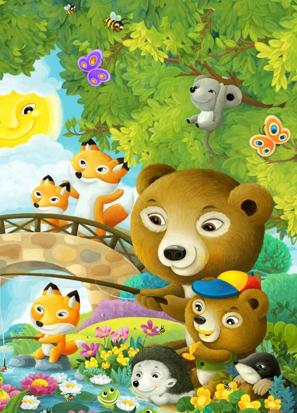 cheerful cartoon scene animals friends and family in forest illustration for children