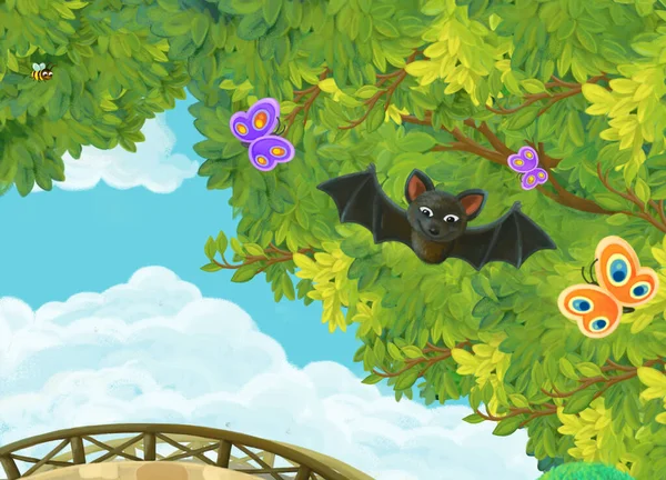 cartoon scene with park or forest and shining sun and happy bat flying illustration for children