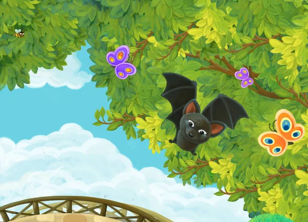 Cartoon Scene Park Forest Shining Sun Happy Bat Flying Illustration — Stock Photo, Image
