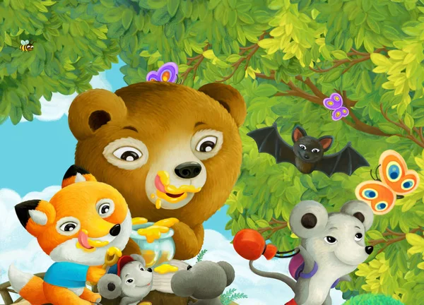 cartoon scene with park or forest and shining sun and happy animal kids eating honey illustration for children