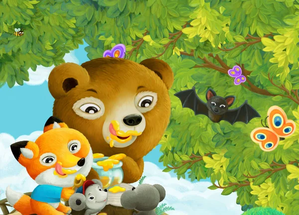 cartoon scene with park or forest and shining sun and happy animal kids eating honey illustration for children