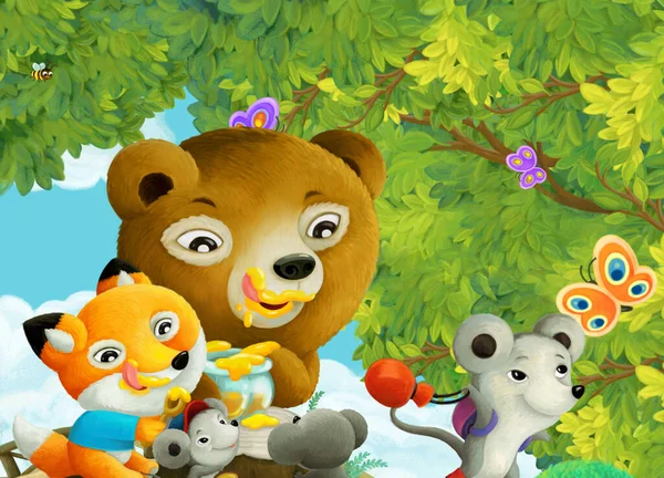 卡通片场景 公园或森林 灿烂的阳光和快乐的动物孩子们为孩子们吃蜂蜜插图 — 图库照片