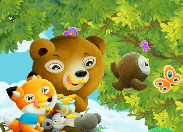 cartoon scene with park or forest and shining sun and happy animal kids eating honey illustration for children