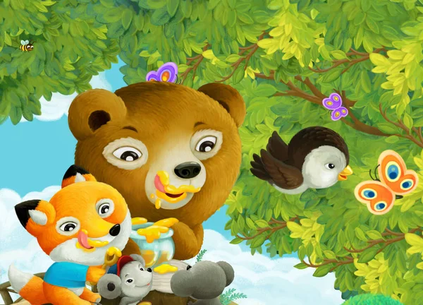 cartoon scene with park or forest and shining sun and happy animal kids eating honey illustration for children