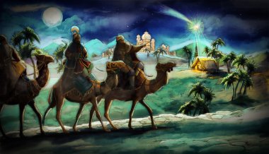 The illustration of the holy family and three kings clipart