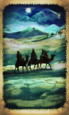 The illustration of the holy family and three kings clipart