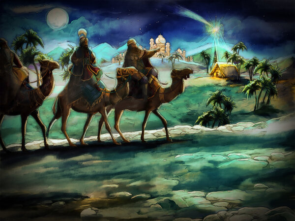 The illustration of the holy family and three kings
