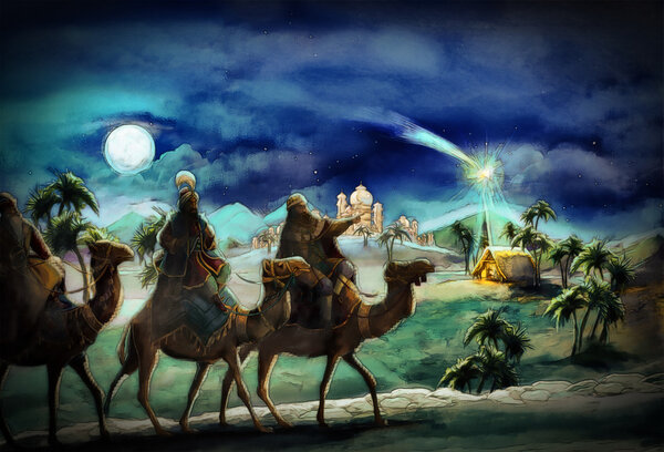 The illustration of the holy family and three kings
