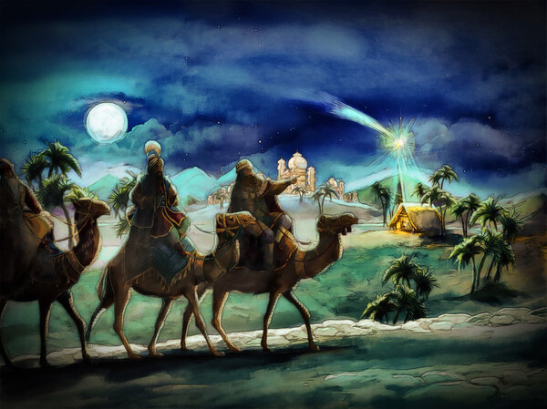 The illustration of the holy family and three kings