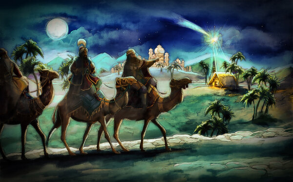 The illustration of the holy family and three kings