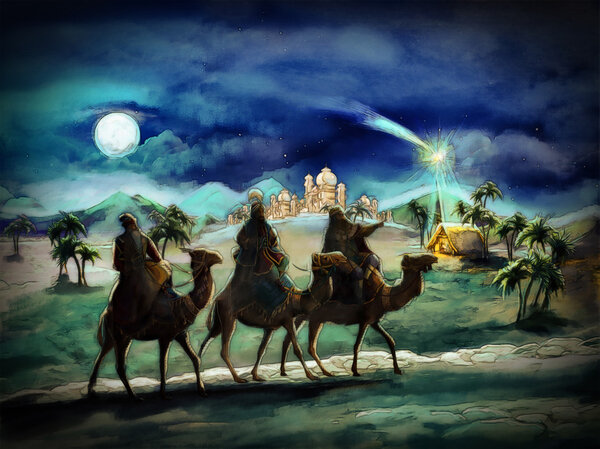 The illustration of the holy family and three kings