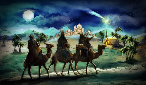 The illustration of the holy family and three kings — Stock Photo, Image