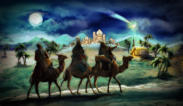 The illustration of the holy family and three kings