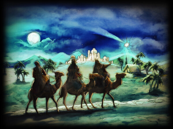 The illustration of the holy family and three kings