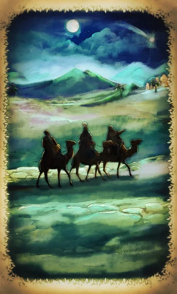 La ilustración de la Sagrada Familia y tres reyes — Foto de Stock