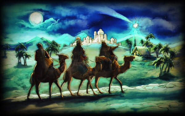 The illustration of the holy family and three kings