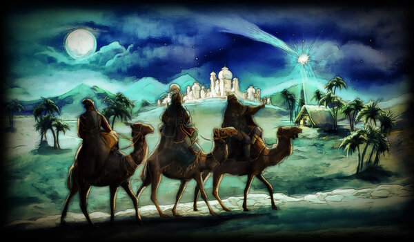 The illustration of the holy family and three kings