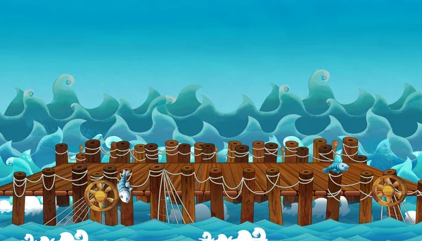 Мультфильм "Волны с деревянным портом" — стоковое фото