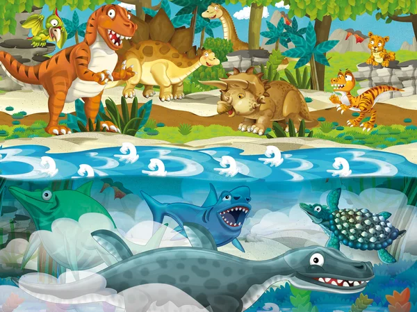 Cartoon dinosaur land and sea — Stock Photo, Image