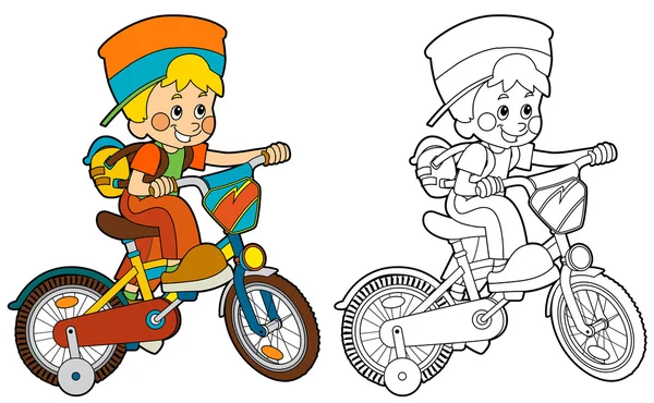 Cartoon boy on bicycle - coloring page — Stock Photo, Image