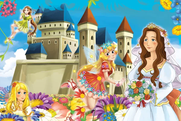 Cartoon scene with princess and fairies