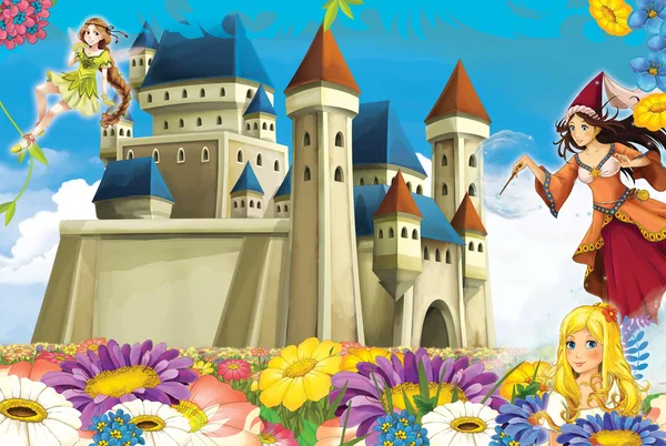 Cena dos desenhos animados com princesa e fadas — Fotografia de Stock
