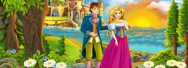 Cartoon shore with castle and the princess — Stock Photo, Image