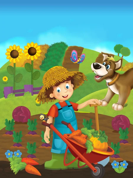 Мультфильм о фермерском хозяйстве со счастливым фермером — стоковое фото