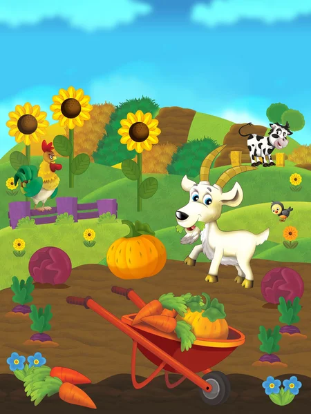 Kreslený farmě scény s šťastné kozu — Stock fotografie