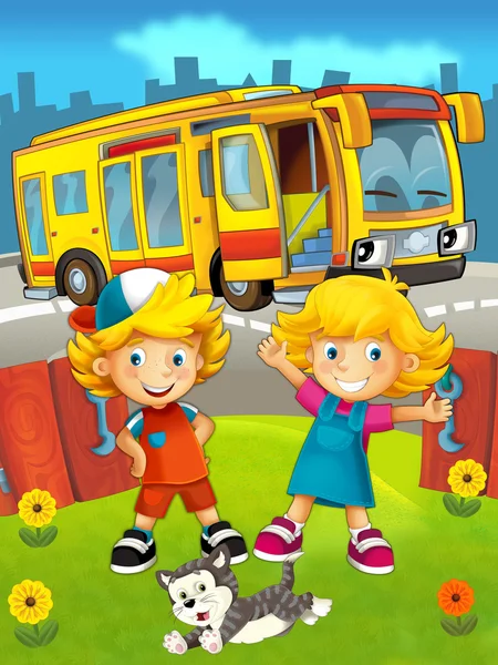 Autobus kreskówka miasto z dziećmi — Zdjęcie stockowe