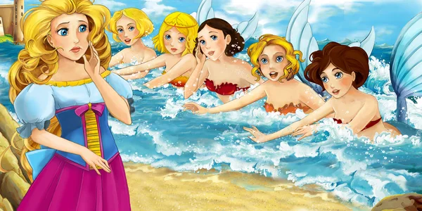 Cartoon ocean and the mermaid with sisters — Stock Photo, Image