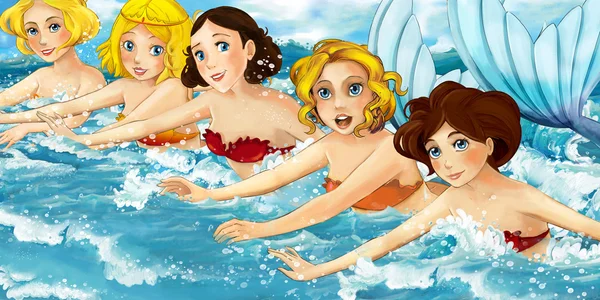 Cartoon ocean and the mermaids — Stock Photo, Image