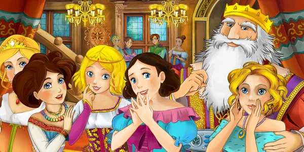 Felice cartone animato famiglia reale e amici - interno del castello — Foto Stock